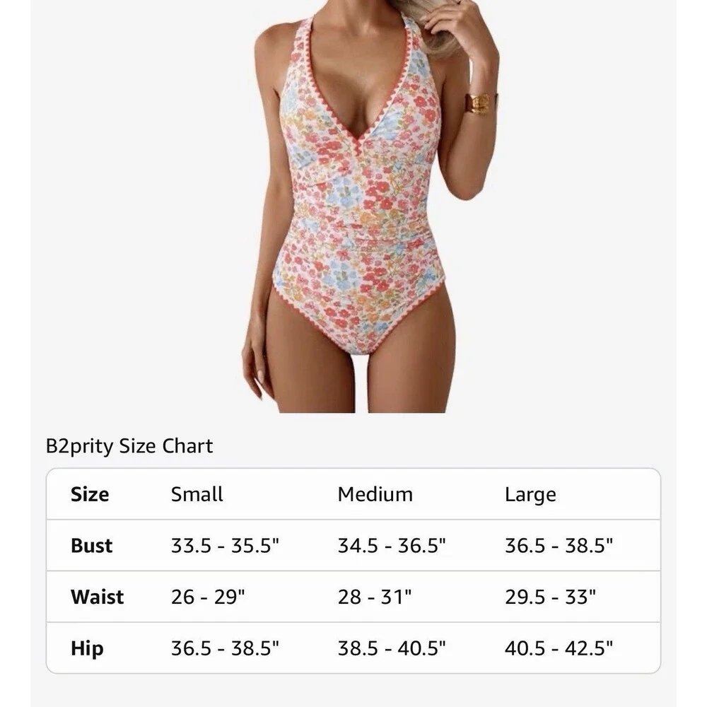 Women's One Piece Swimsuit Tummy Control Shell Stitch floral multicolor size L